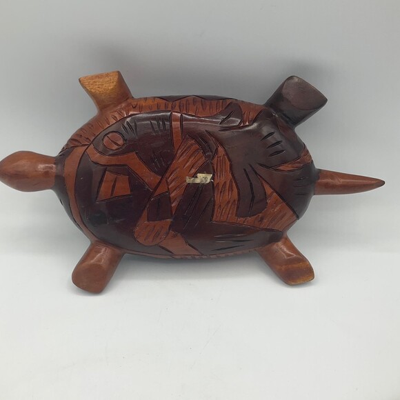 Vintage Hand CArved Wooden Turtle Lidded Box Burro Donkey on Removable Lid Large - Picture 8 of 11